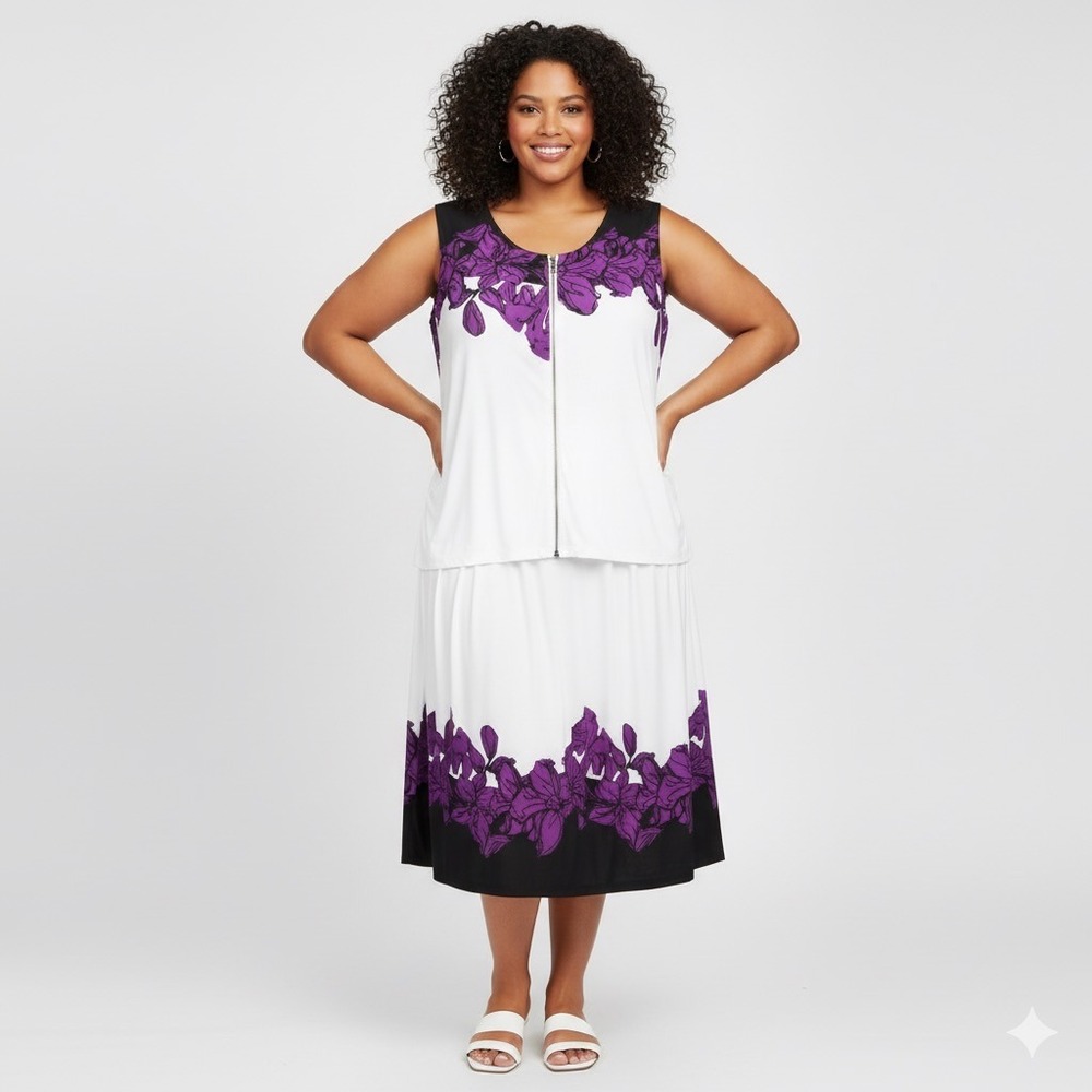 NEW Ashley Stewart Tank Blouse Women Plus 26 28 White Purple Black Flower Zipper
